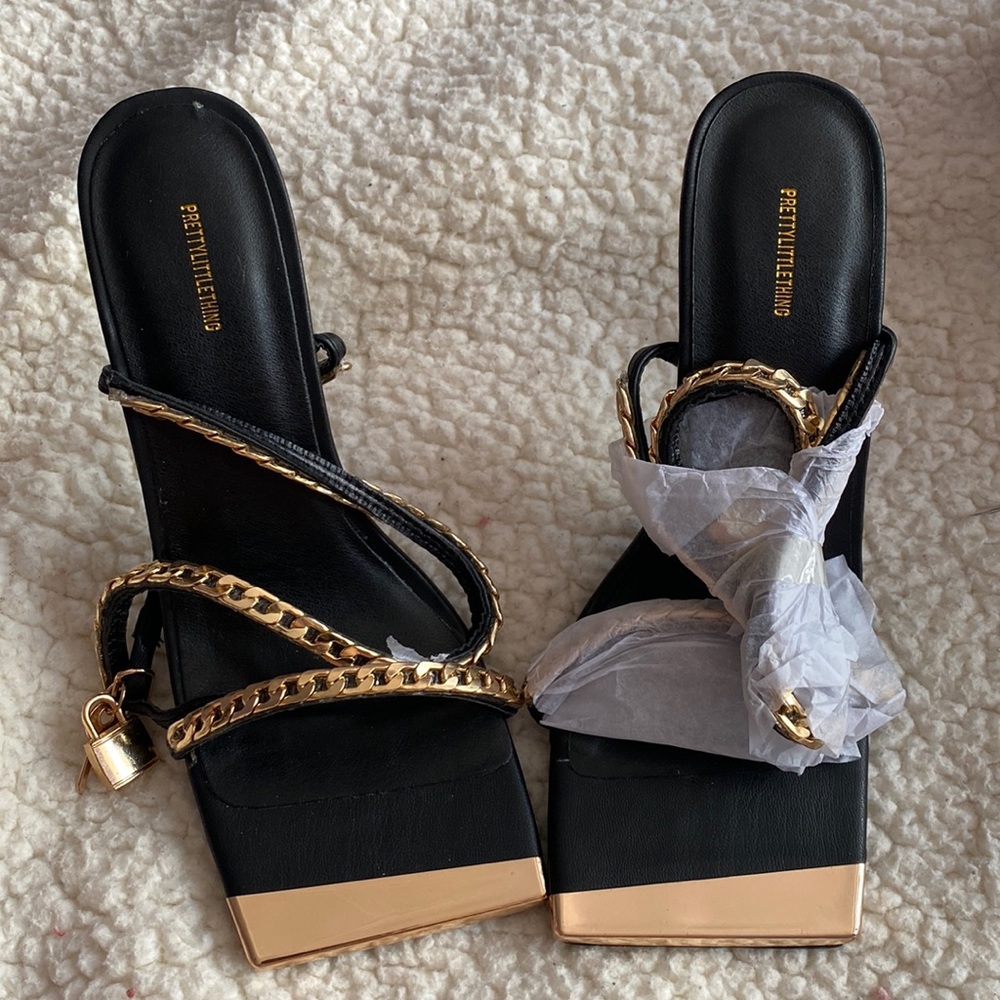 Black Gold Chain Lock Detail Barely There Heels